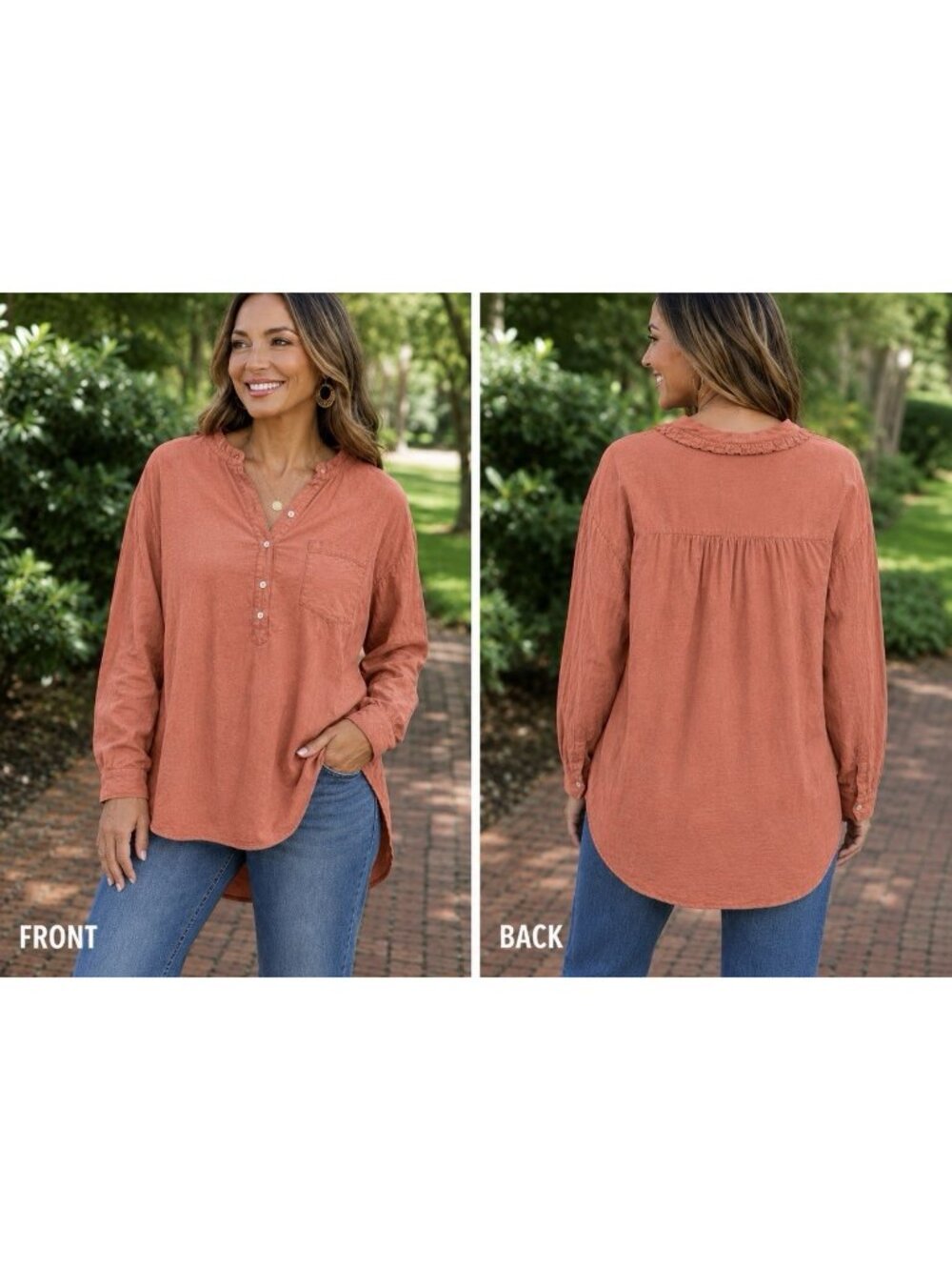 Dr. Flax Linen Womens Top L XL Linen Coral Long Sleeve Pockets V Neck Lagenlook